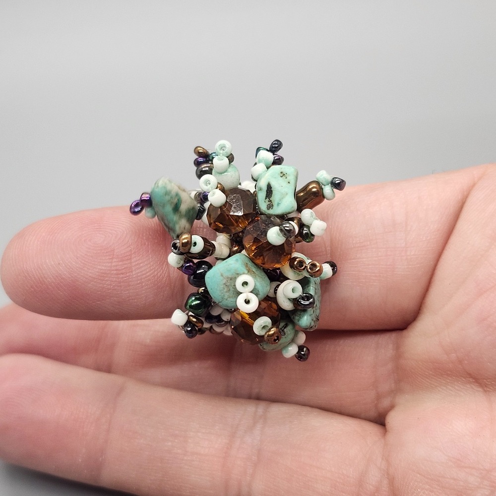 Chunky Turquoise Cluster Flower Bead Statement Stretch Ring Retro Beaded Ring